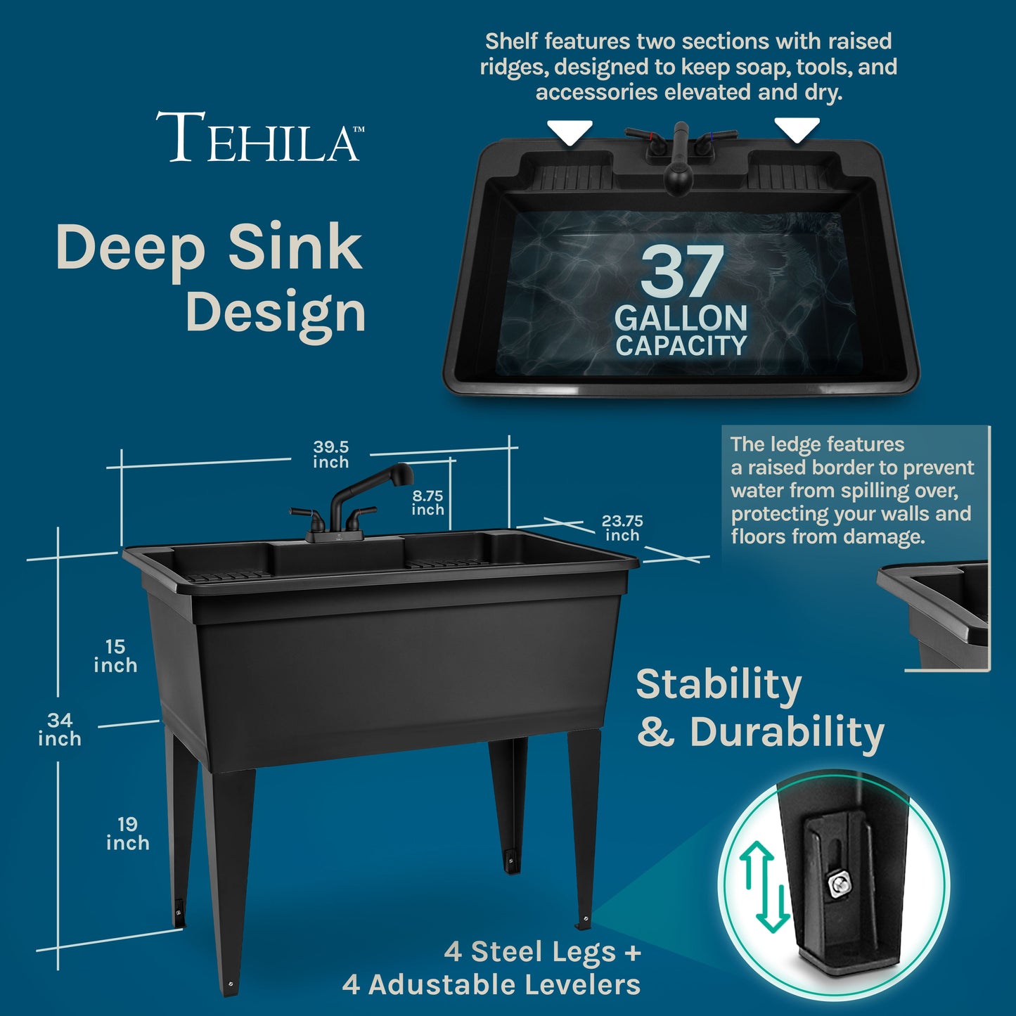 Tehila Freestanding Double-Wide Black Utility Sink with Steel Legs & Black Pull-Out Faucet, Multi-Purpose Heavy-Duty Laundry Tub