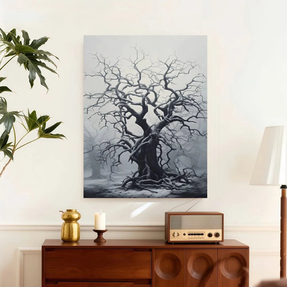 Framed Minimalist Wall Art Print - Black & White Gnarled Tree Design