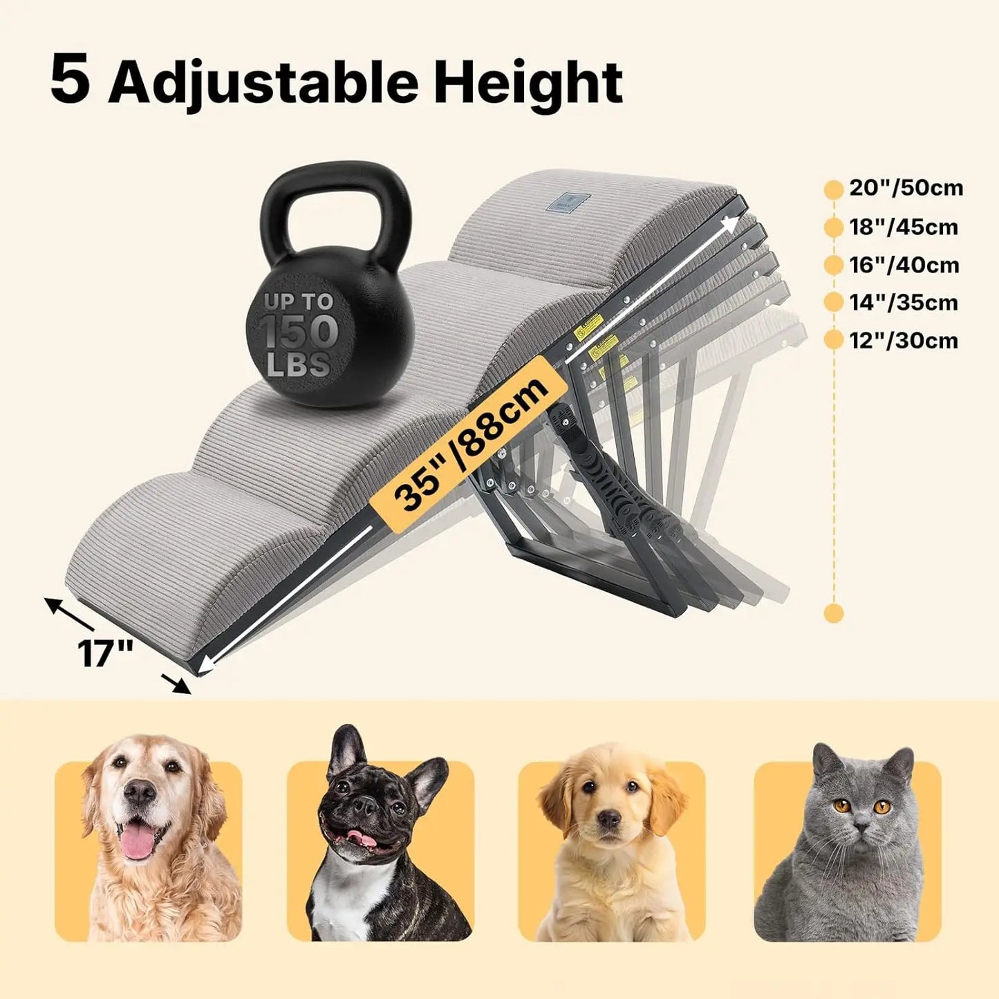 Dog Ramp for Bed Couch Height Adjustable from 12' to 20', Foldable Stairs for Dogs to Get on Bed 17' Extra Wide, Portable Pet Do