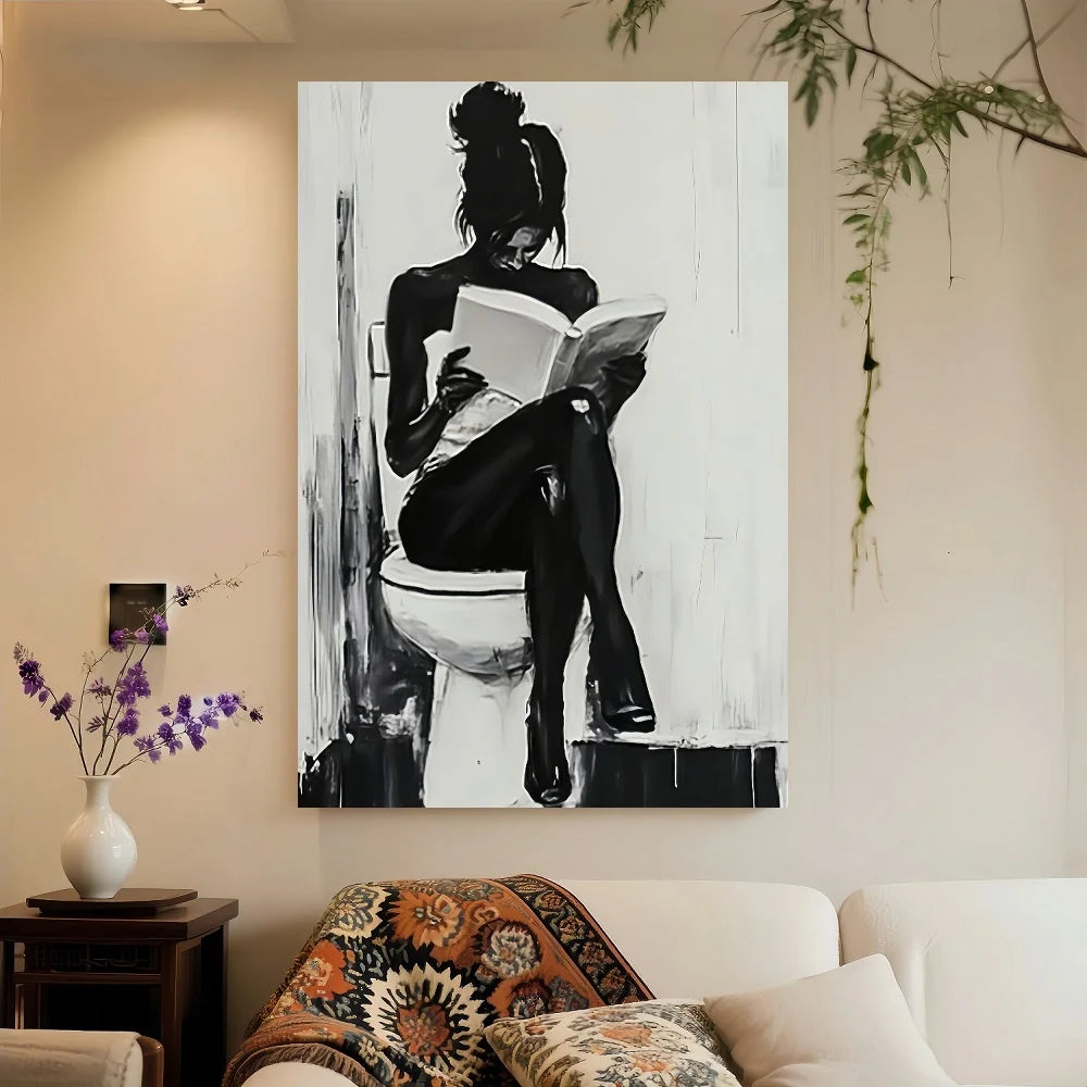 Framed 1pc Modern Abstract Woman Painting - Black And White Bathroom Scene,
