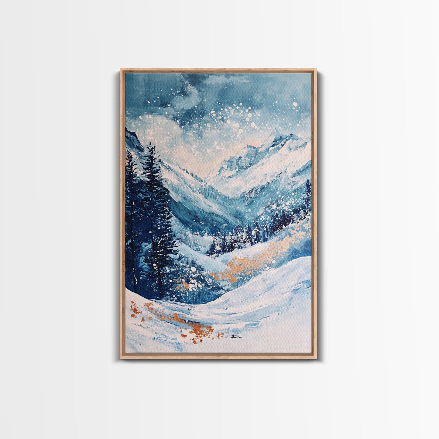Blue Winter Wonderland Canvas Print Snowy Mountain Art, Nordic Landscape Painting,