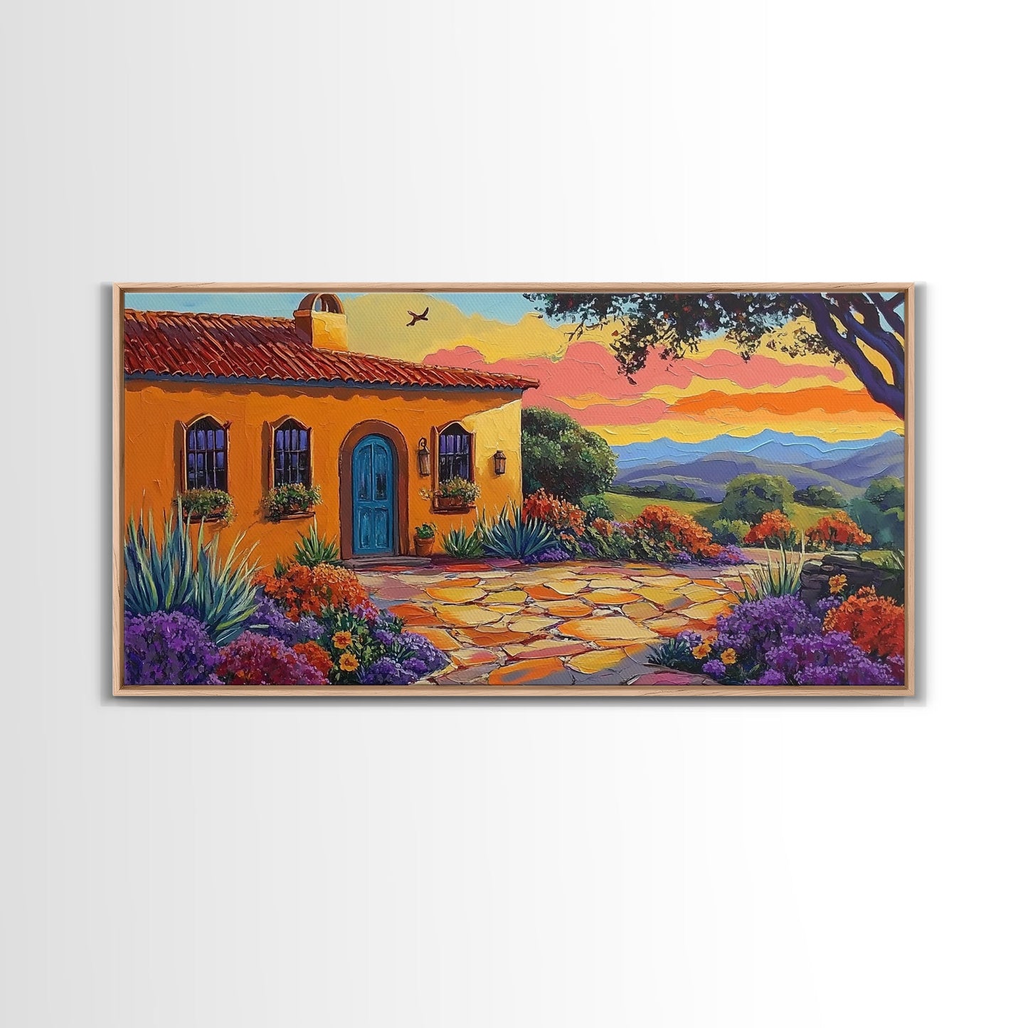 House Sunset, Garden, Southwest, Framed Canvas Print