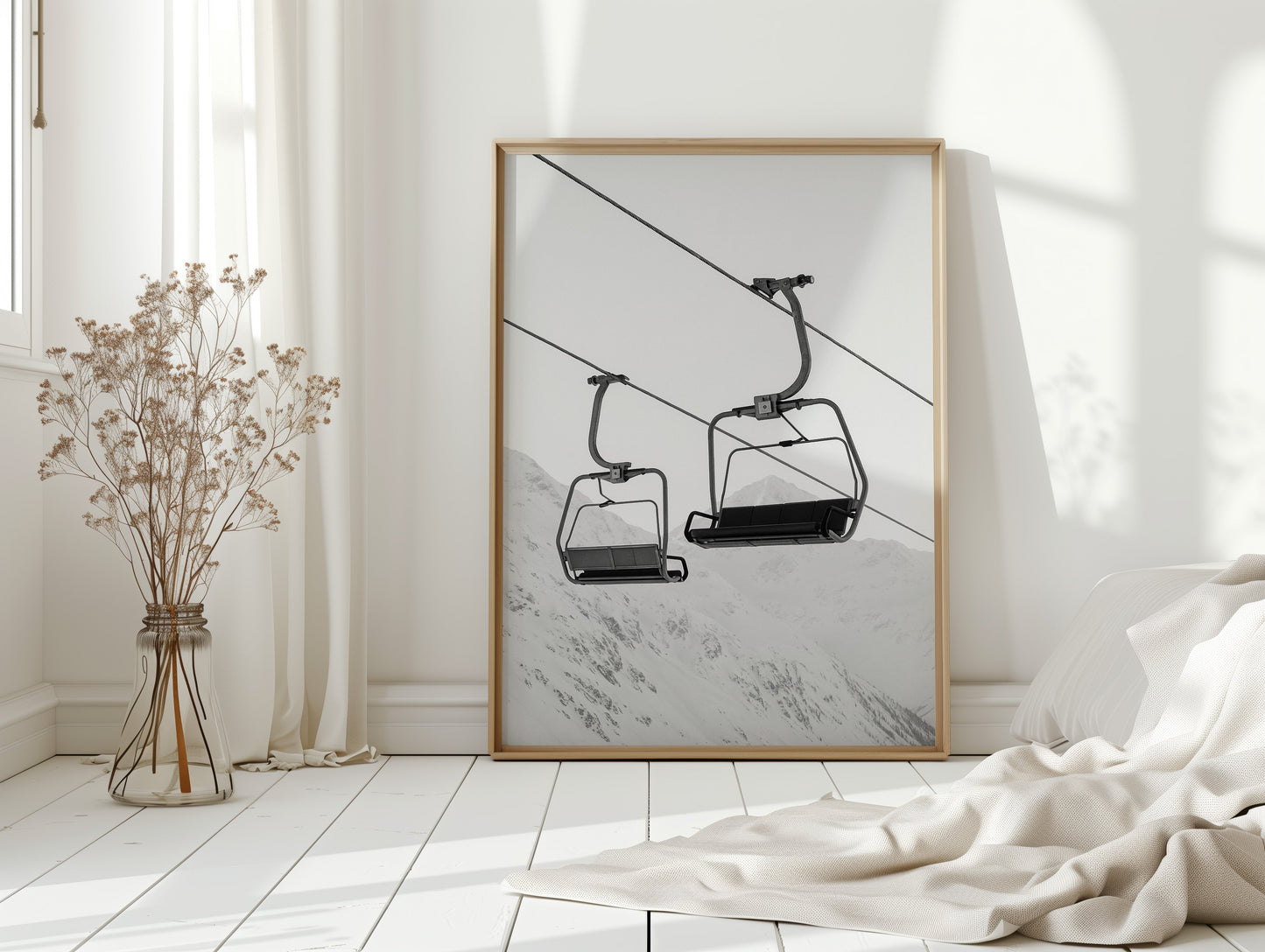 Solitude in Ascent – Minimalist Ski Lift Black & White Print