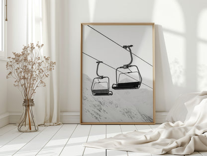 Solitude in Ascent – Minimalist Ski Lift Black & White Print