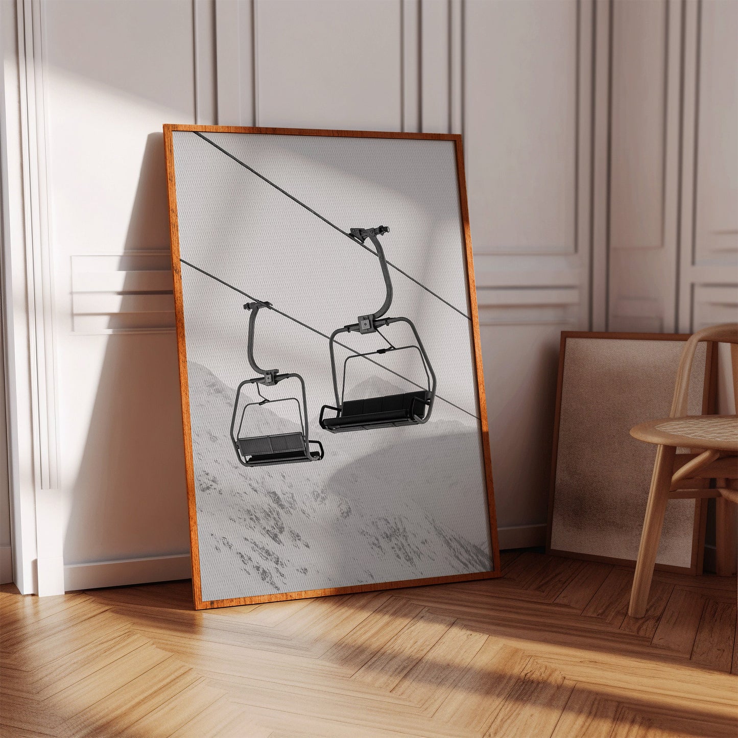 Solitude in Ascent – Minimalist Ski Lift Black & White Print