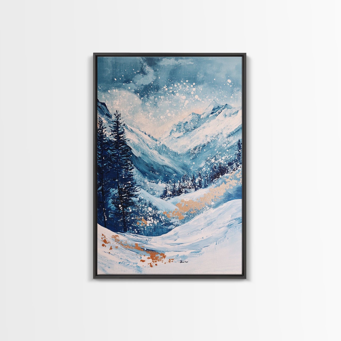 Blue Winter Wonderland Canvas Print Snowy Mountain Art, Nordic Landscape Painting,
