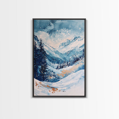 Blue Winter Wonderland Canvas Print Snowy Mountain Art, Nordic Landscape Painting,