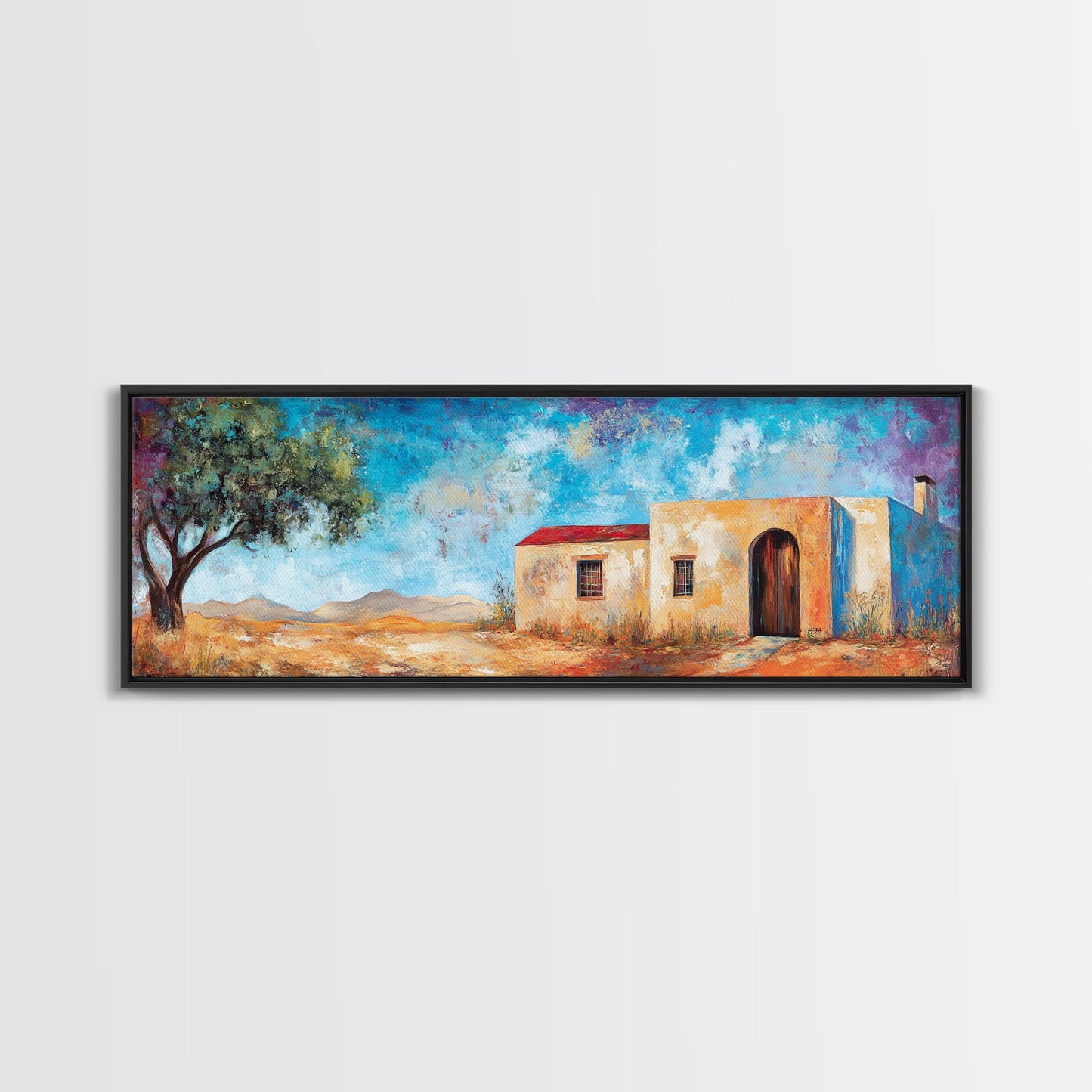 Southwest Desert House Painting, Blue Sky Adobe Home, Canvas Wall Decor