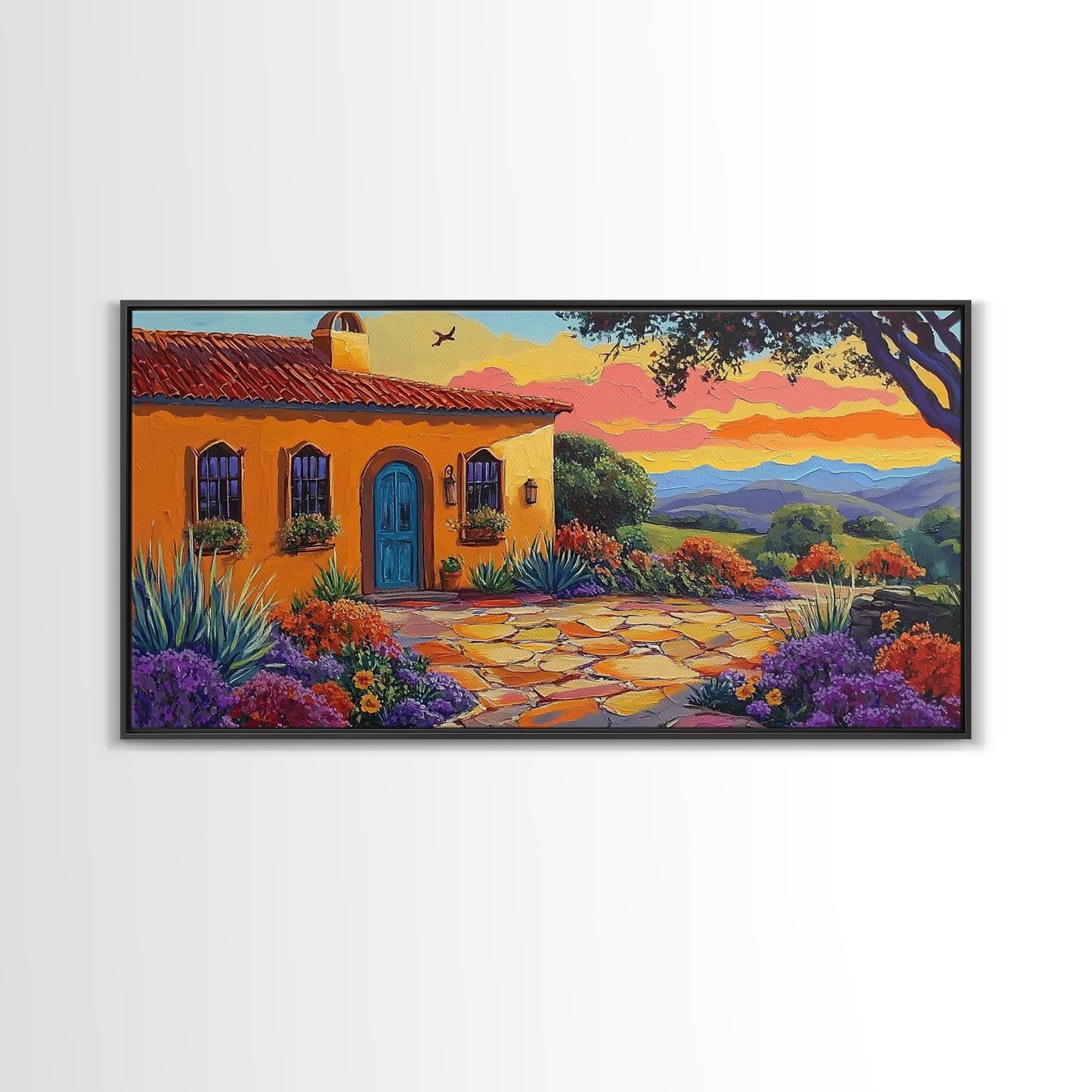 House Sunset, Garden, Southwest, Framed Canvas Print