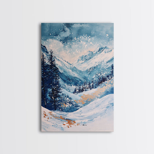 Blue Winter Wonderland Canvas Print Snowy Mountain Art, Nordic Landscape Painting,