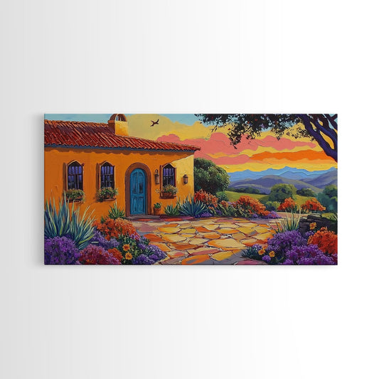 House Sunset, Garden, Southwest, Framed Canvas Print