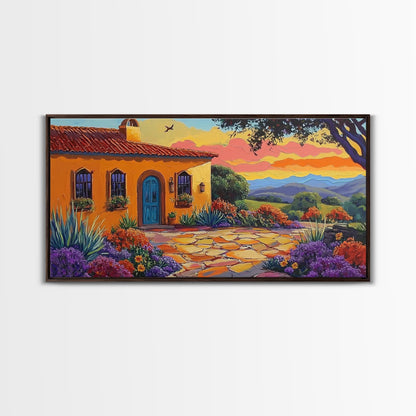 House Sunset, Garden, Southwest, Framed Canvas Print