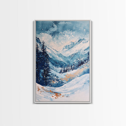 Blue Winter Wonderland Canvas Print Snowy Mountain Art, Nordic Landscape Painting,