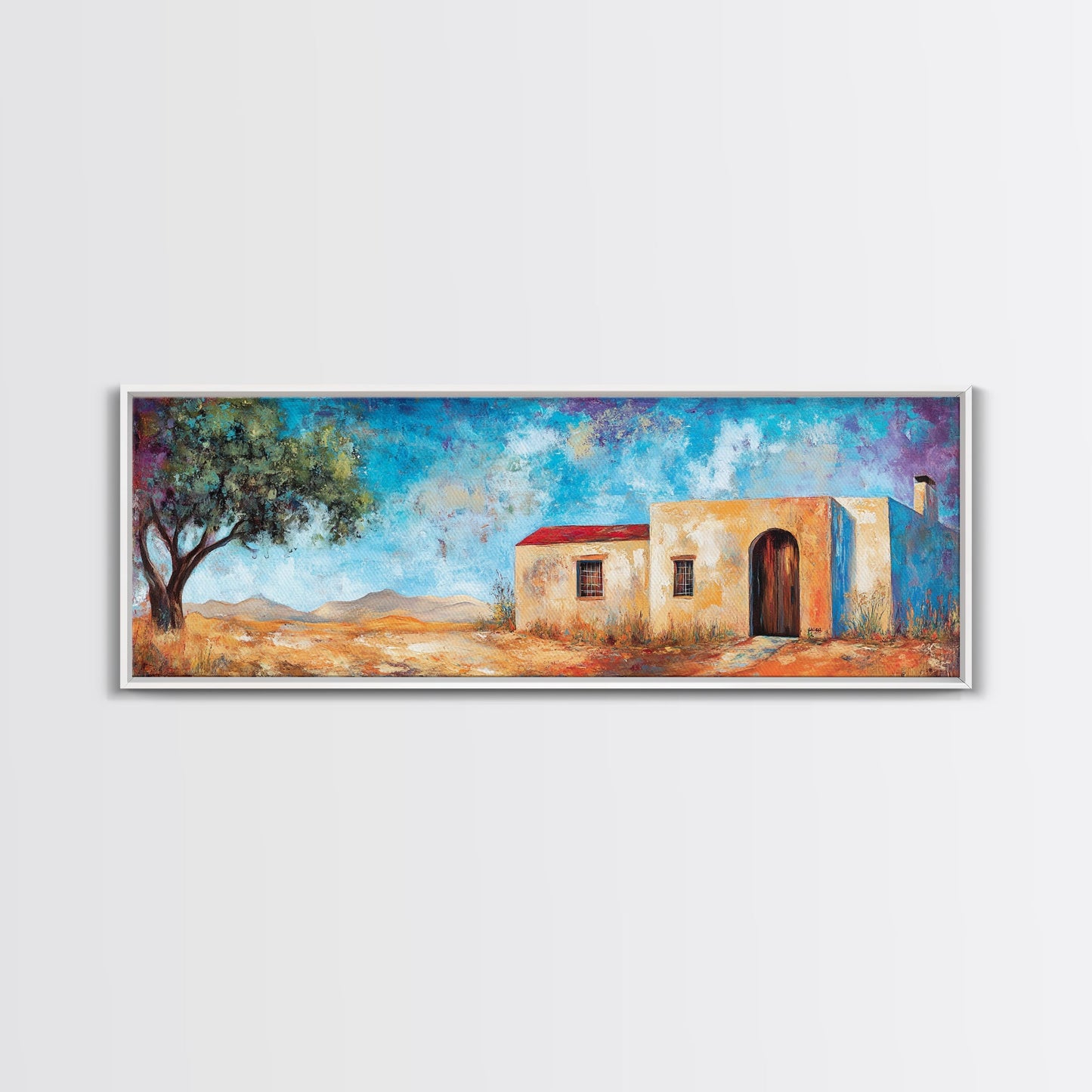 Southwest Desert House Painting, Blue Sky Adobe Home, Canvas Wall Decor
