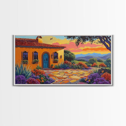 House Sunset, Garden, Southwest, Framed Canvas Print