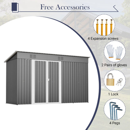 10'x4' Outdoor Metal Storage Shed for Garden Tools Lockable Door With Floor Frame
