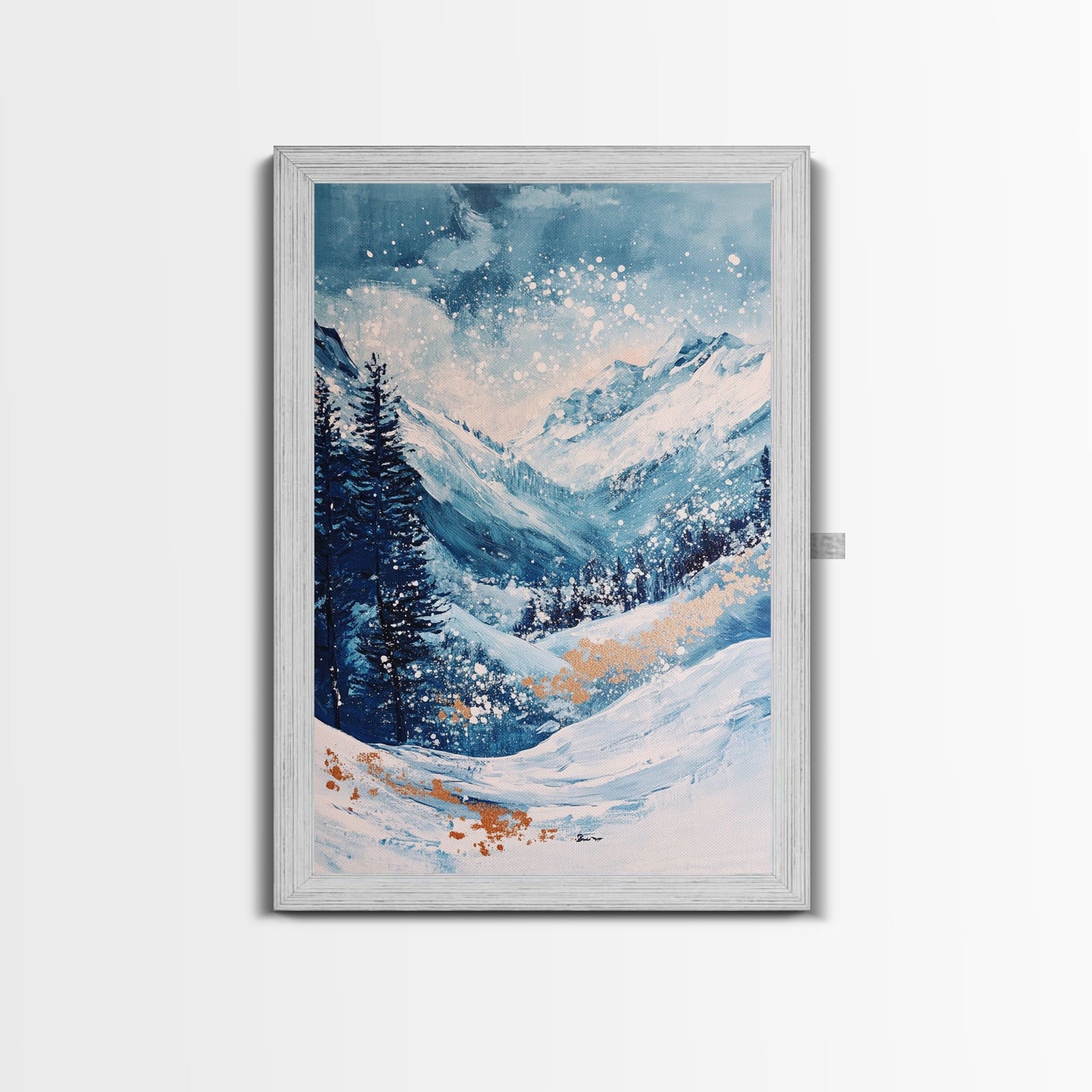 Blue Winter Wonderland Canvas Print Snowy Mountain Art, Nordic Landscape Painting,