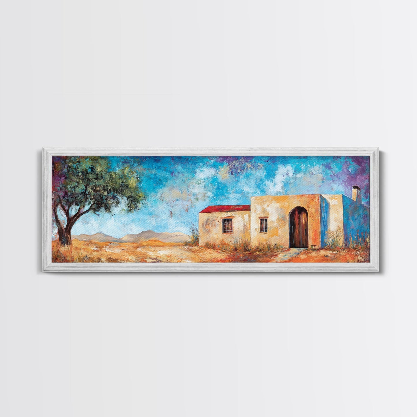 Southwest Desert House Painting, Blue Sky Adobe Home, Canvas Wall Decor