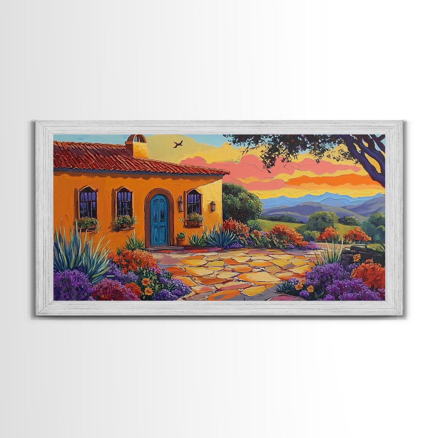 House Sunset, Garden, Southwest, Framed Canvas Print