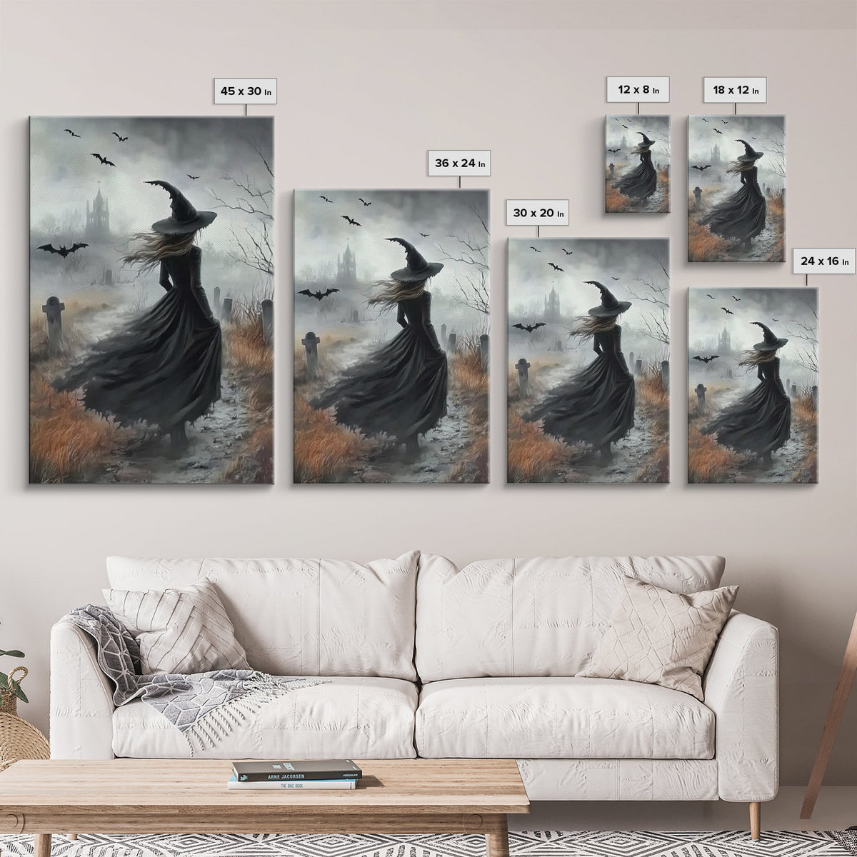 Gothic Oil Painting Print Of a Witch in a Grave Yard, Framed Canvas Print, Dark Academia, Gothic Art, Goth Decor, Halloween Wall Art