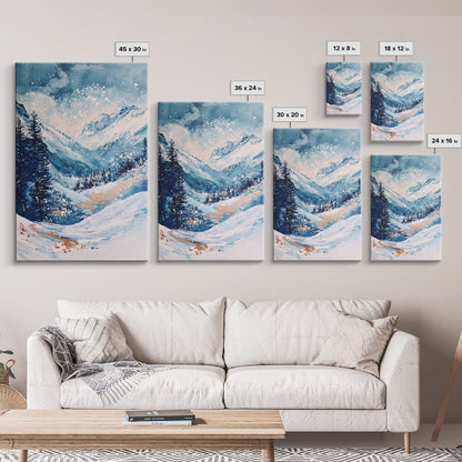 Blue Winter Wonderland Canvas Print Snowy Mountain Art, Nordic Landscape Painting,