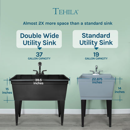Tehila Freestanding Double-Wide Black Utility Sink with Steel Legs & Black Pull-Out Faucet, Multi-Purpose Heavy-Duty Laundry Tub