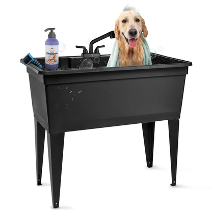Tehila Freestanding Double-Wide Black Utility Sink with Steel Legs & Black Pull-Out Faucet, Multi-Purpose Heavy-Duty Laundry Tub
