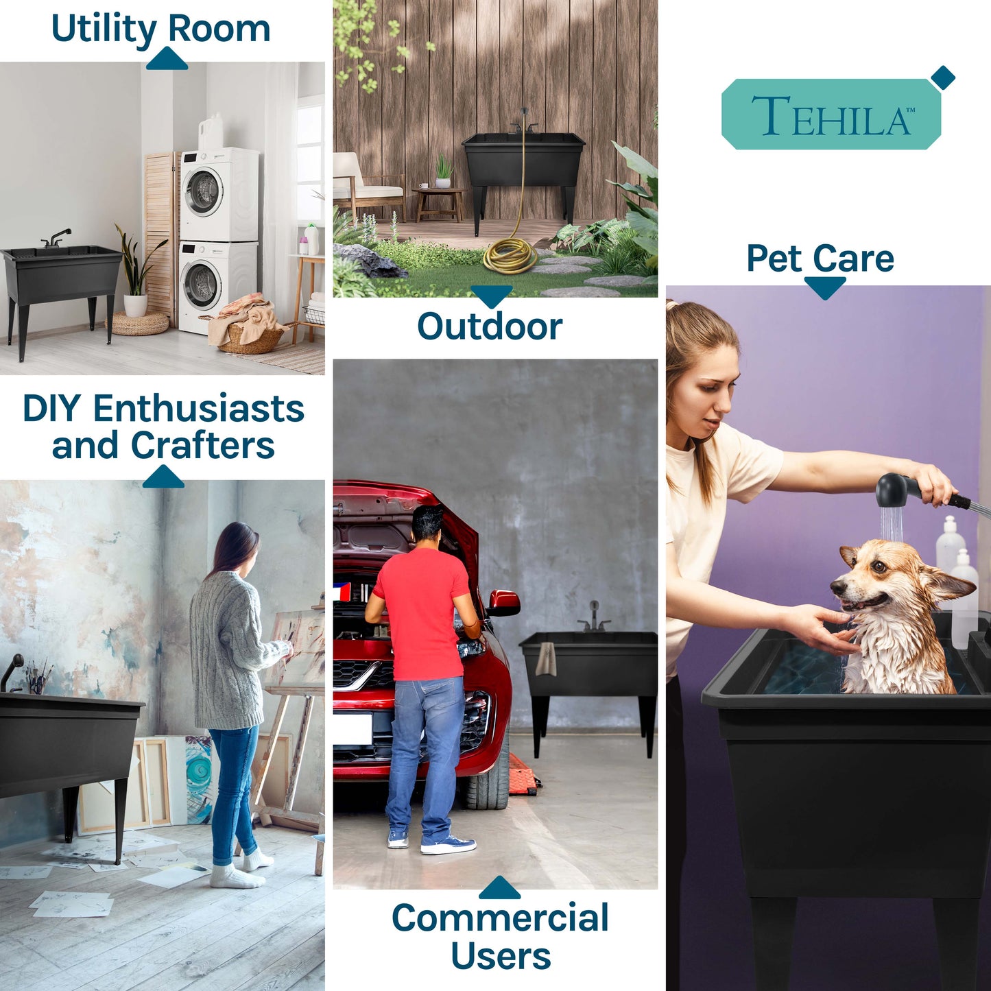 Tehila Freestanding Double-Wide Black Utility Sink with Steel Legs & Black Pull-Out Faucet, Multi-Purpose Heavy-Duty Laundry Tub