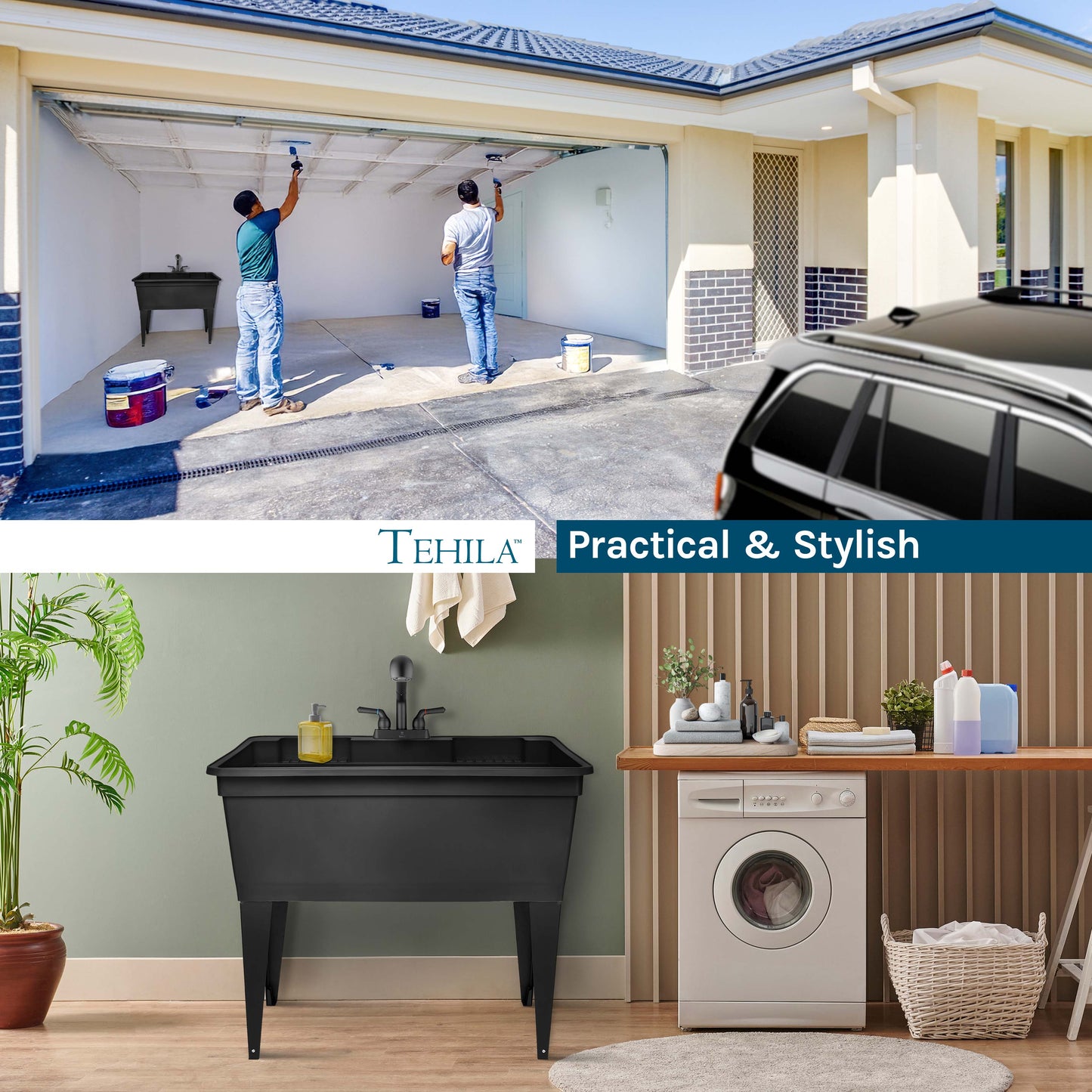 Tehila Freestanding Double-Wide Black Utility Sink with Steel Legs & Black Pull-Out Faucet, Multi-Purpose Heavy-Duty Laundry Tub