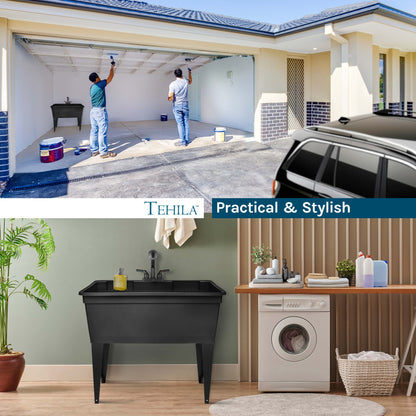 Tehila Freestanding Double-Wide Black Utility Sink with Steel Legs & Black Pull-Out Faucet, Multi-Purpose Heavy-Duty Laundry Tub
