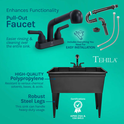 Tehila Freestanding Double-Wide Black Utility Sink with Steel Legs & Black Pull-Out Faucet, Multi-Purpose Heavy-Duty Laundry Tub