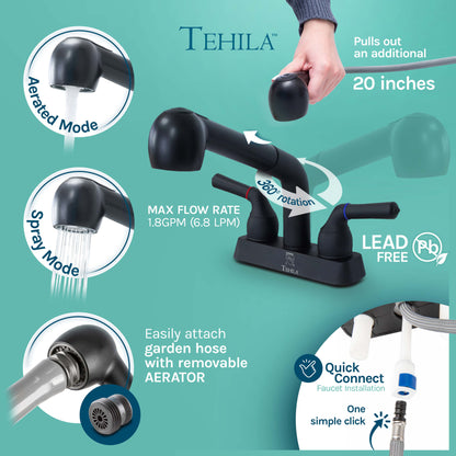 Tehila Freestanding Double-Wide Black Utility Sink with Steel Legs & Black Pull-Out Faucet, Multi-Purpose Heavy-Duty Laundry Tub