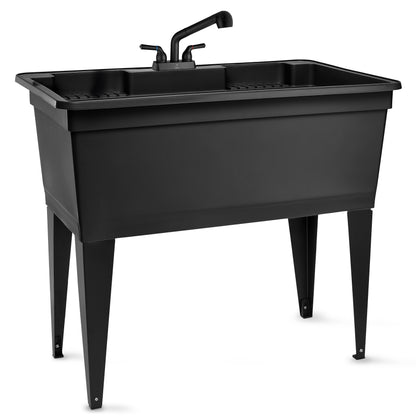 Tehila Freestanding Double-Wide Black Utility Sink with Steel Legs & Black Pull-Out Faucet, Multi-Purpose Heavy-Duty Laundry Tub