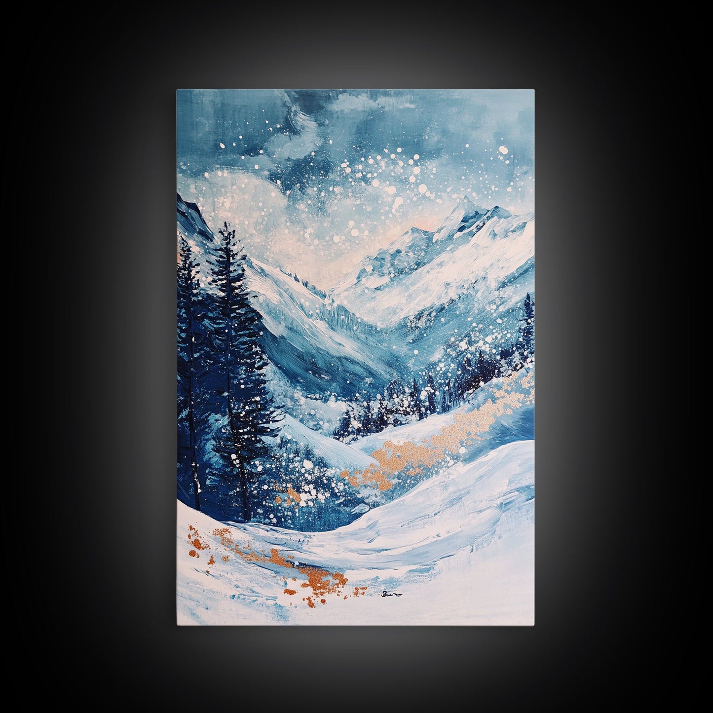 Blue Winter Wonderland Canvas Print Snowy Mountain Art, Nordic Landscape Painting,