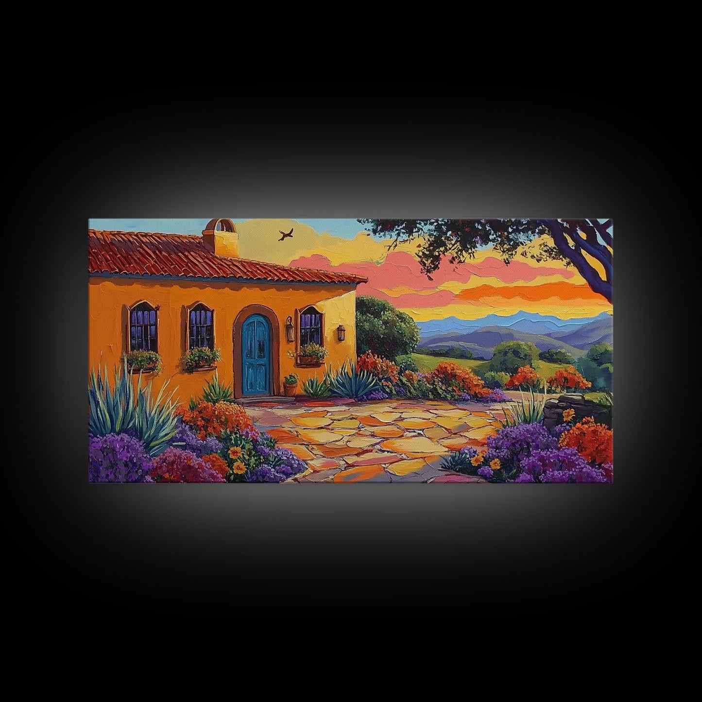 House Sunset, Garden, Southwest, Framed Canvas Print