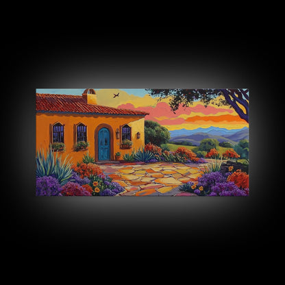 House Sunset, Garden, Southwest, Framed Canvas Print
