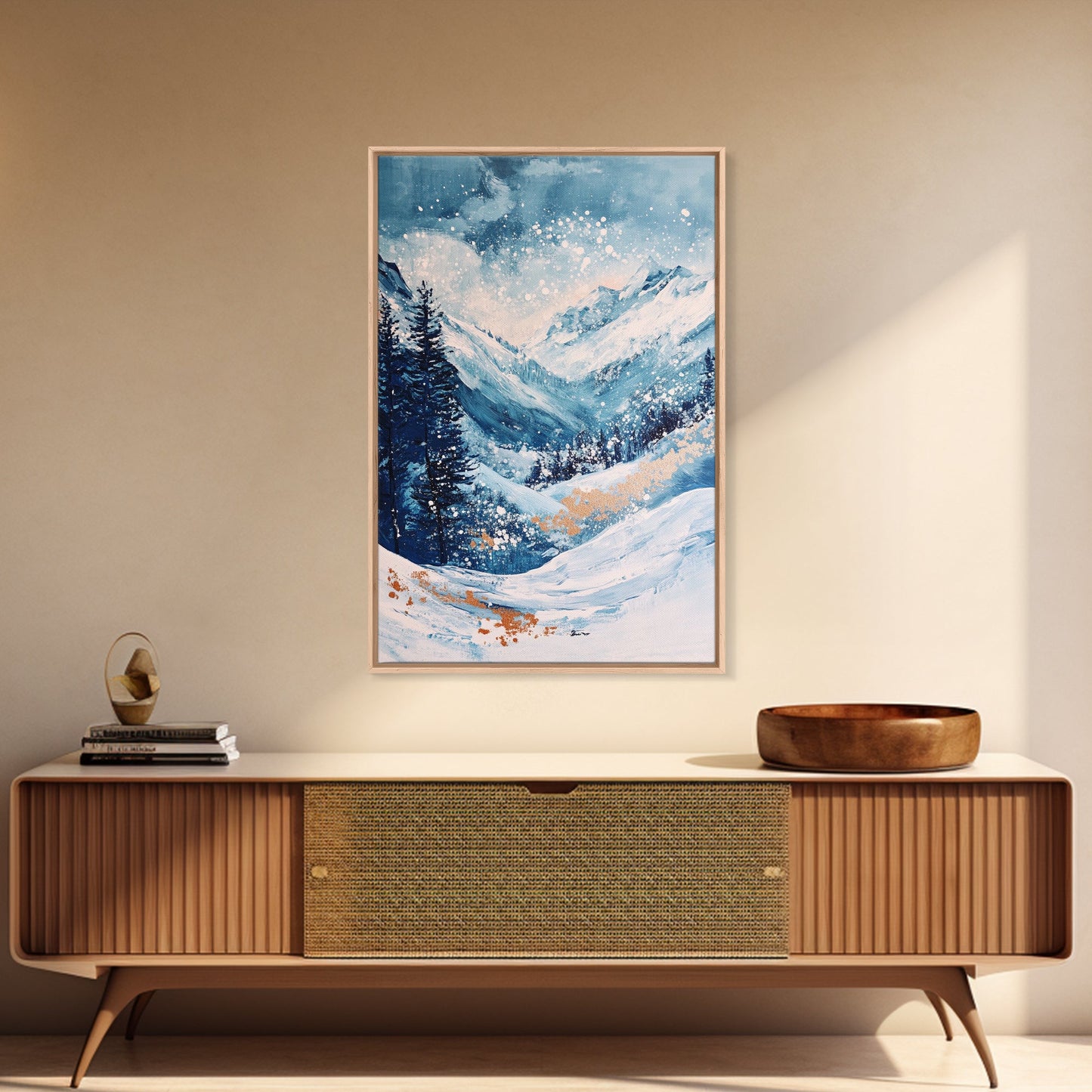 Blue Winter Wonderland Canvas Print Snowy Mountain Art, Nordic Landscape Painting,