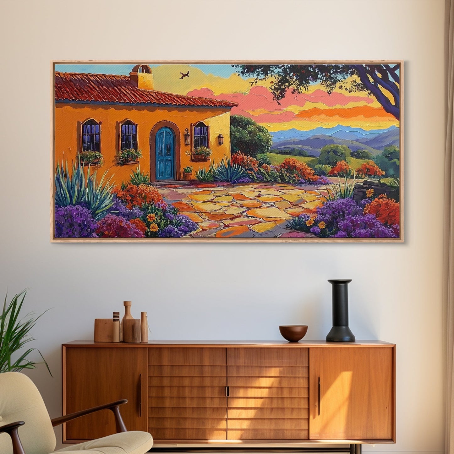 House Sunset, Garden, Southwest, Framed Canvas Print