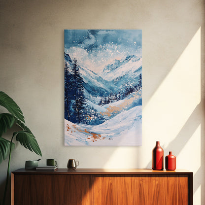 Blue Winter Wonderland Canvas Print Snowy Mountain Art, Nordic Landscape Painting,