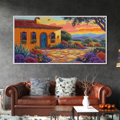 House Sunset, Garden, Southwest, Framed Canvas Print