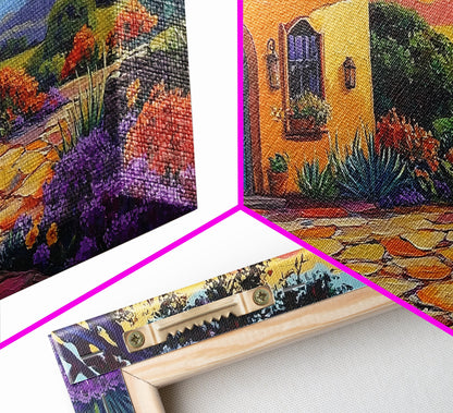 House Sunset, Garden, Southwest, Framed Canvas Print