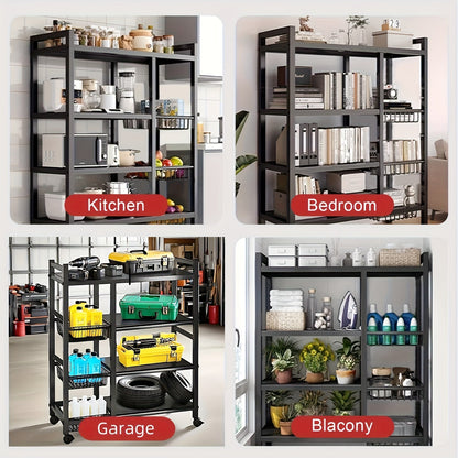 4-Tier Rolling Storage Rack with Baskets, Metal Utility Shelf on Wheels, Kitchen Garage Organizer