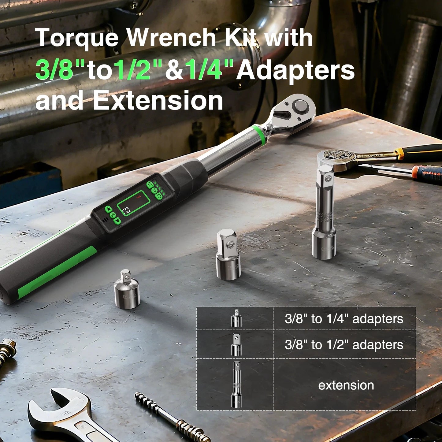 TaskStar 3/8'' Digital Torque Wrench w/1/4 1/2-inch Adapter Bidirectional Ratchet Head