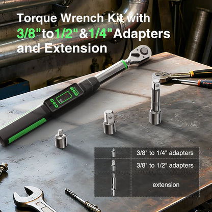 TaskStar 3/8'' Digital Torque Wrench w/1/4 1/2-inch Adapter Bidirectional Ratchet Head