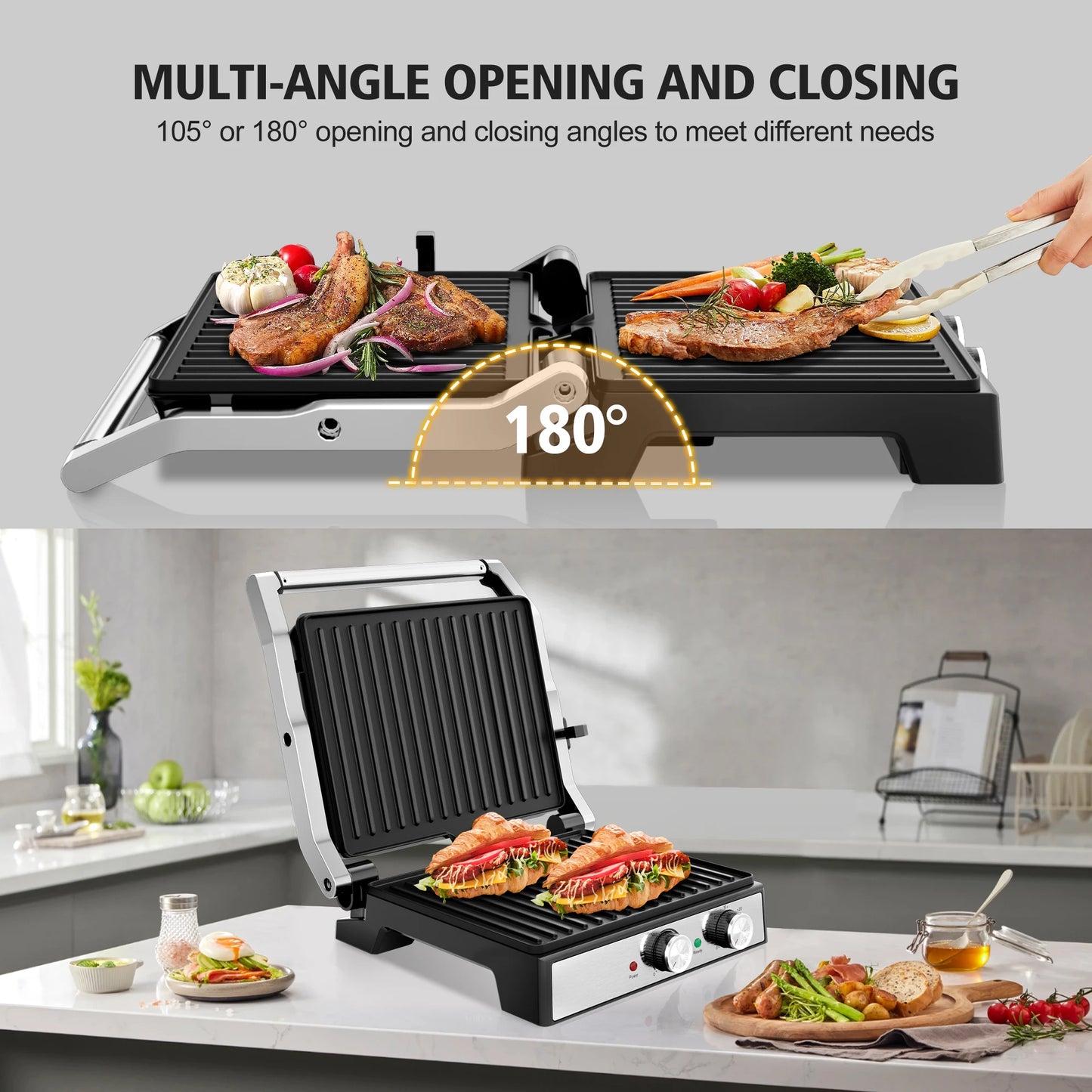1600W  Panini Press With Timer, Adjustable Temp control