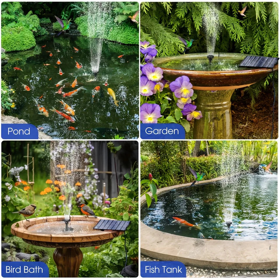 Solar Fountain with 6 Nozzles -  Floating Water Pump for Bird Baths,