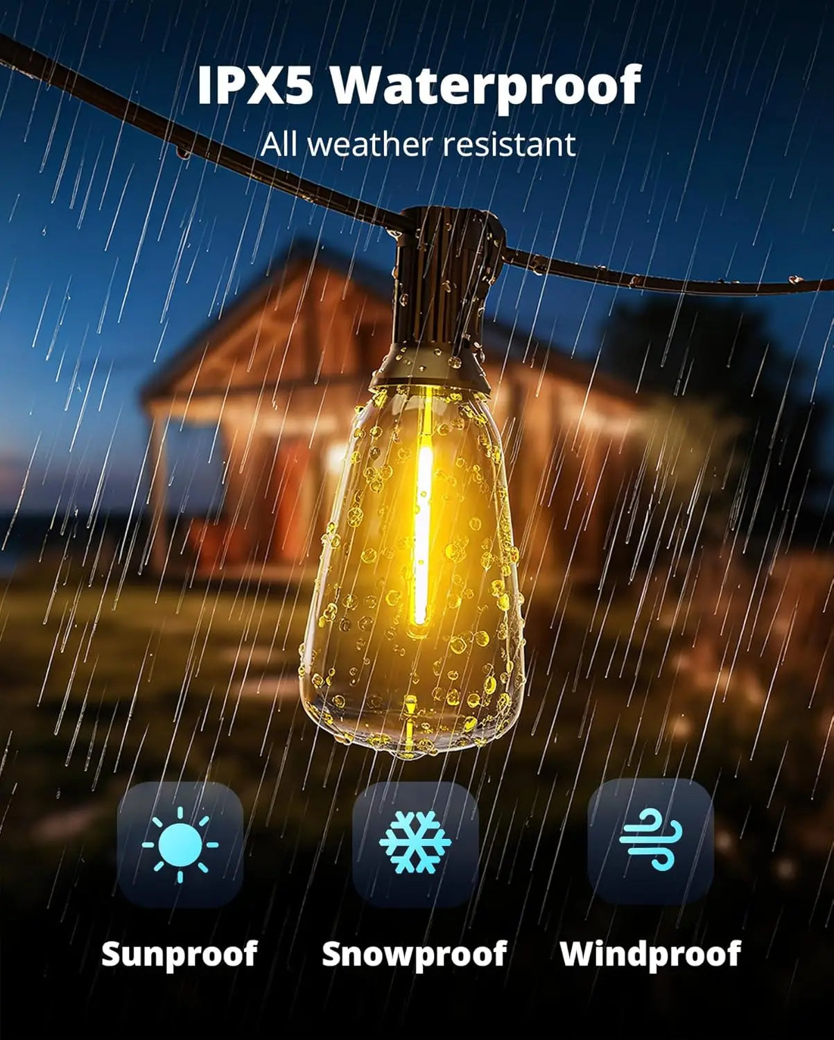 Outdoor String Lights 25FT LED Patio Lights  Waterproof with Shatterproof Edison Bulbs,