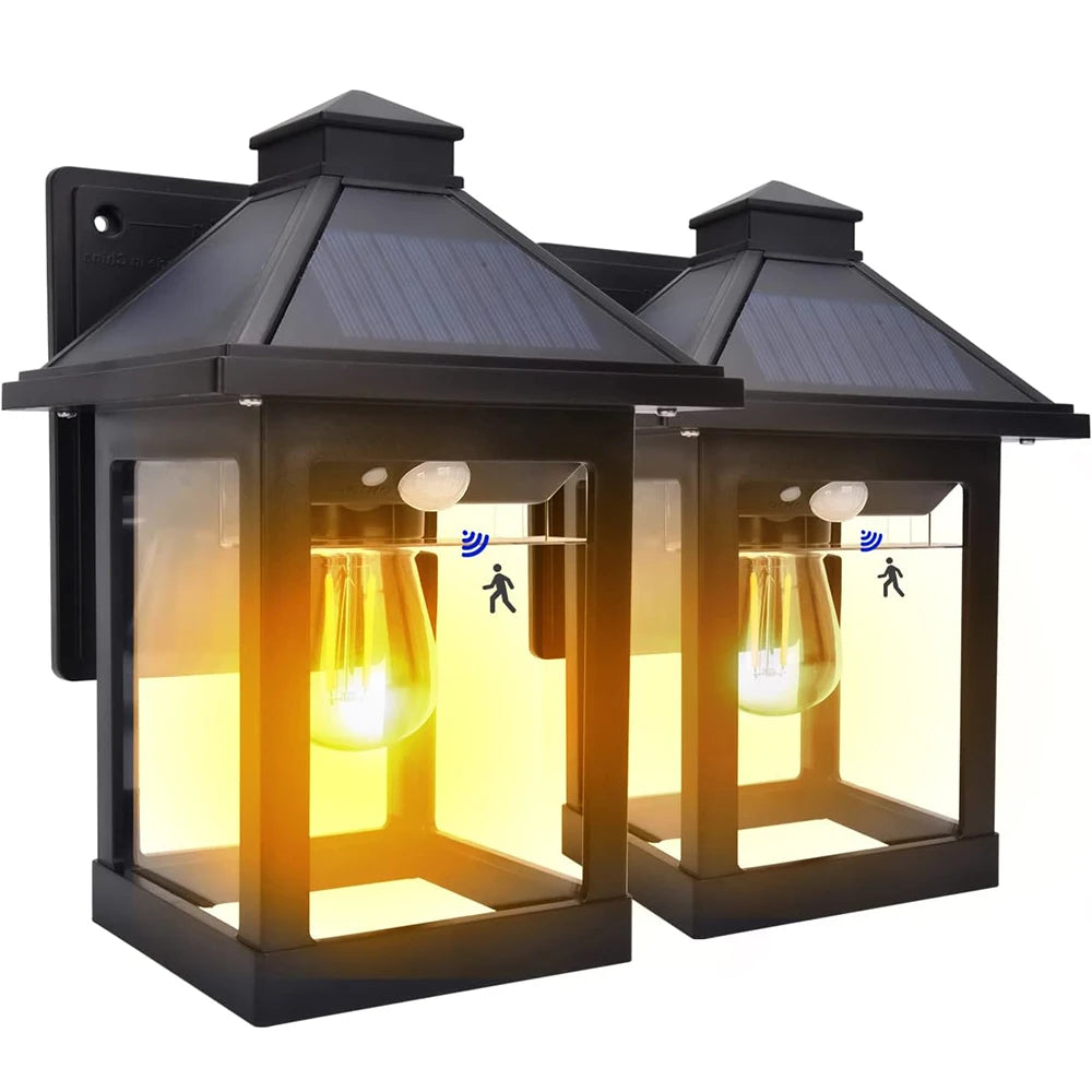 2pcs Solar Powered Wall Lanterns Dusk to Dawn Motion Sensor
