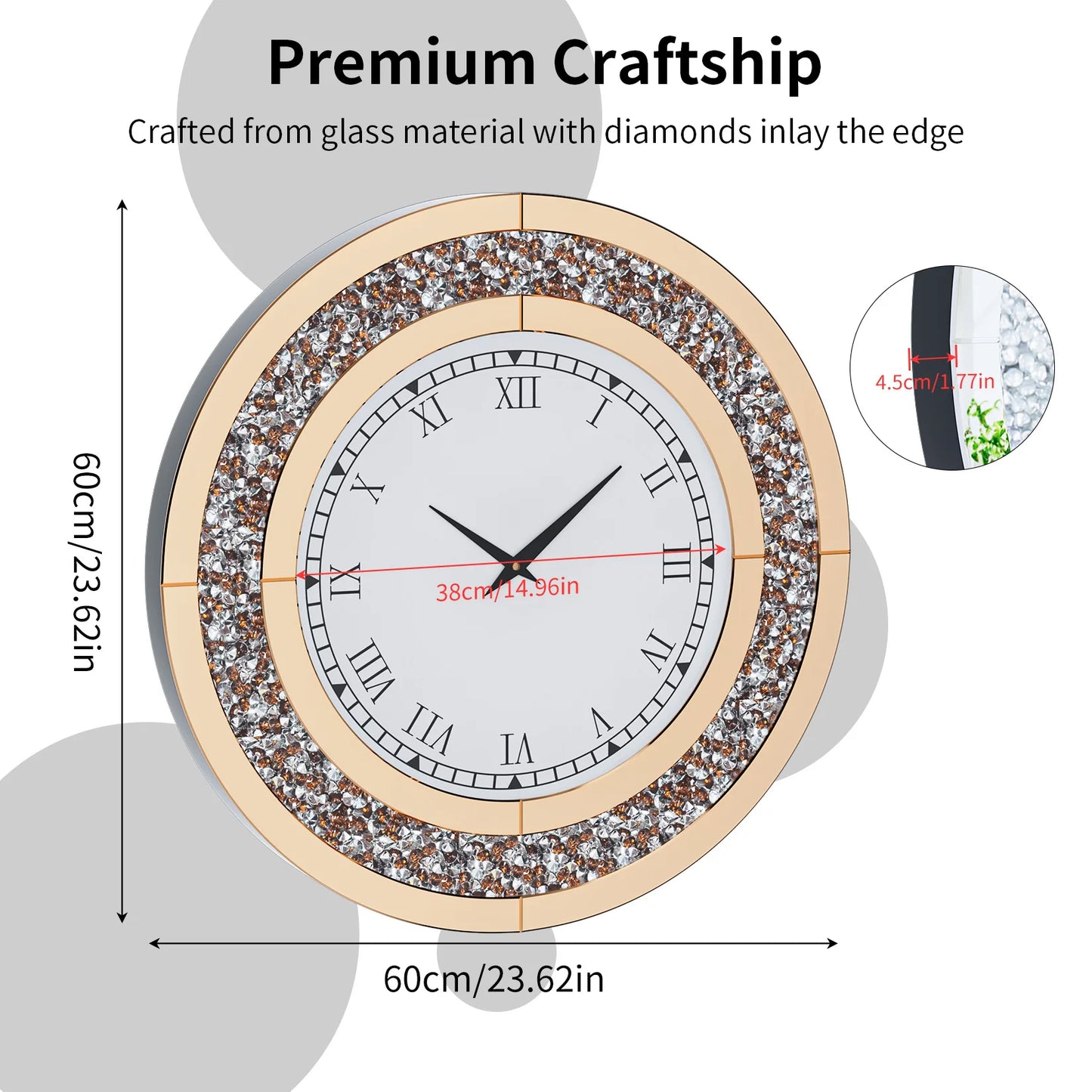 24inch Crystal  Large Mirrored Wall Clock for Living Room