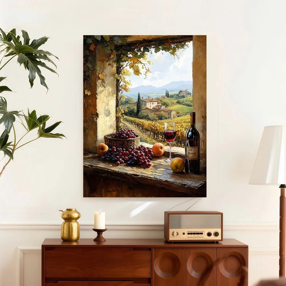 Framed - Rustic Italian Countryside Painting with Wine And Fruit St